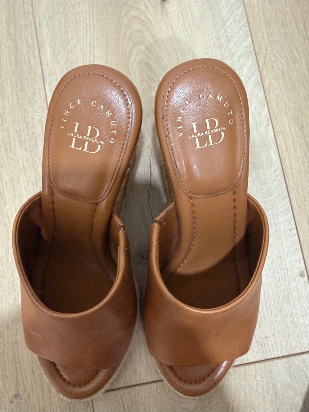 Vince Camuto Cognac Leather Wedge Slide Sandals - Picture 7 of 7